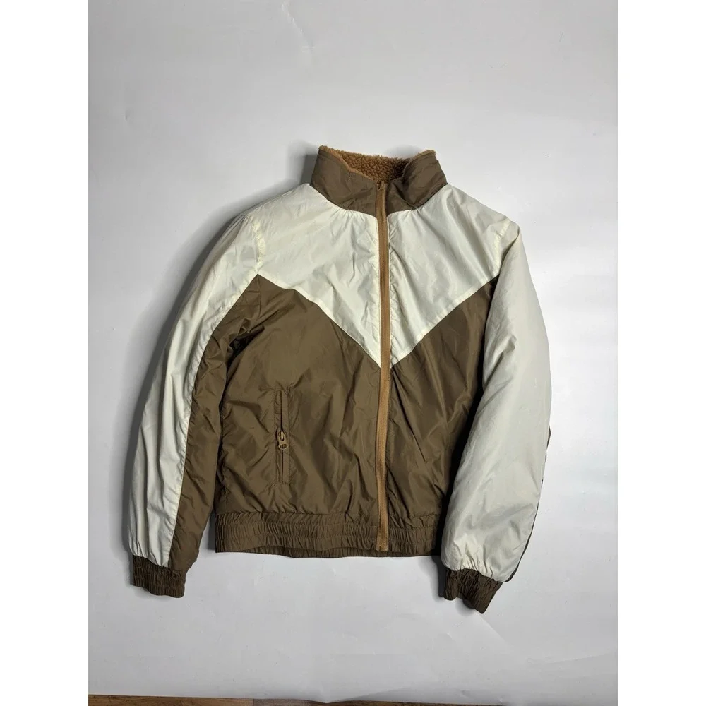 Zyia Reversible Sherpa Fleece Windbreaker Bomber Jacket Tan Cream Zip Up Women L